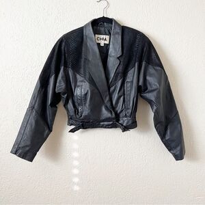 Vintage 80's Black Snake Print Leather Bomber Jacket